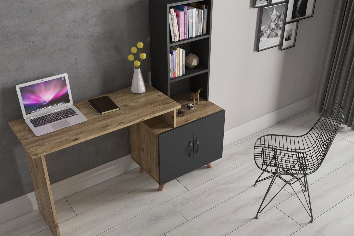 Sasha 2 Kapaklı Kitaplıklı Çalışma Masası - Atlantik Çam / Antrasit