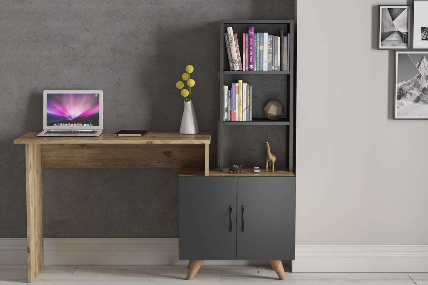 Sasha 2 Kapaklı Kitaplıklı Çalışma Masası - Atlantik Çam / Antrasit