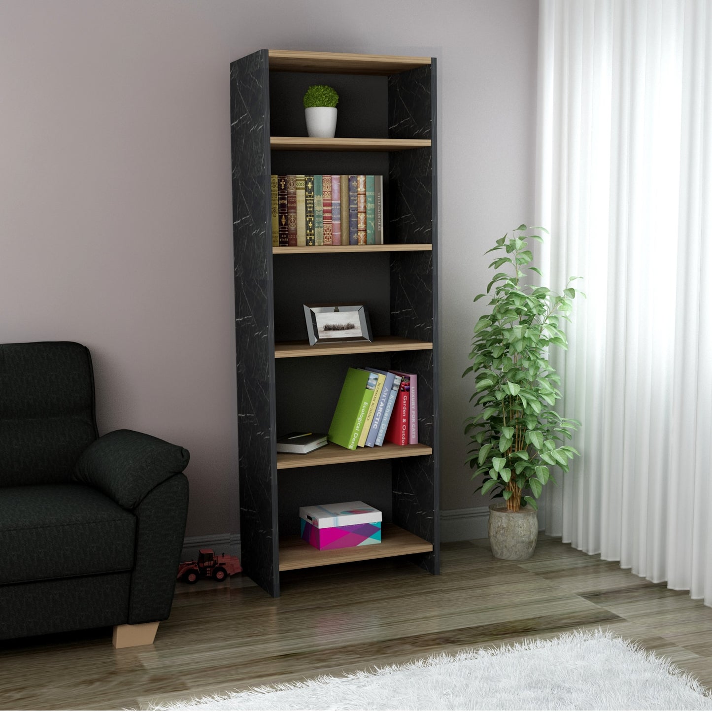 5 Raflı Kitaplık- Siyah Mermer Ceviz