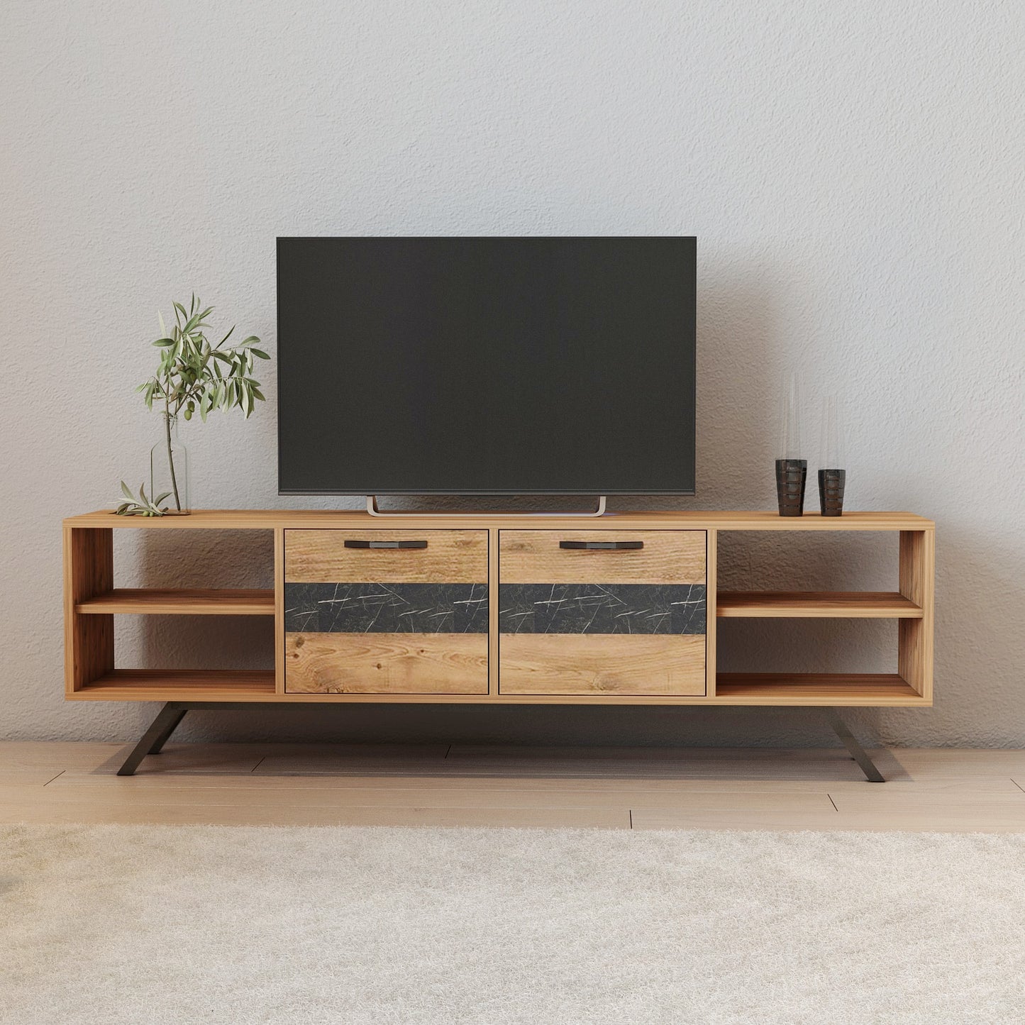 Akasya 2 Kapılı 4 Bölmeli 150 Cm Metal Ayaklı Tv Ünitesi