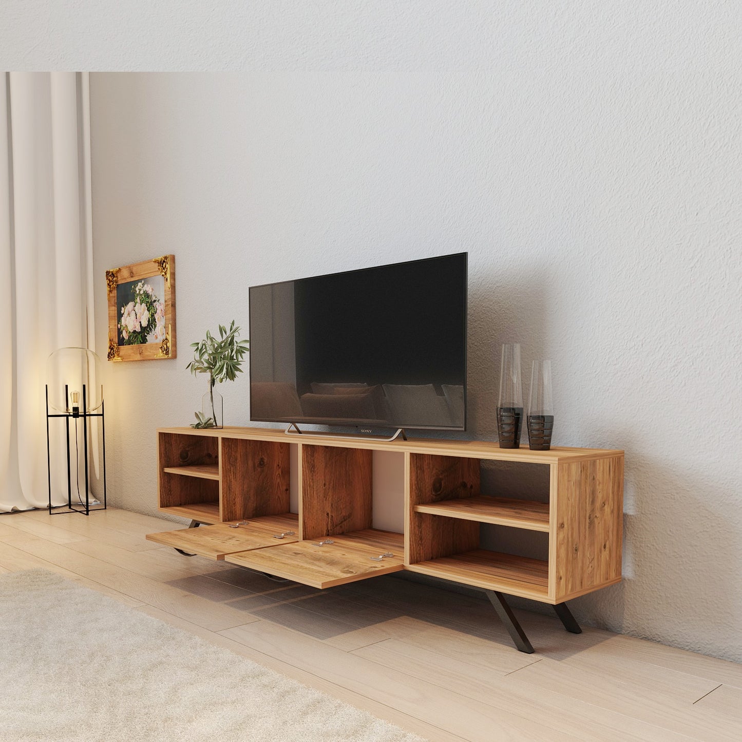 Akasya 2 Kapılı 4 Bölmeli 150 Cm Metal Ayaklı Tv Ünitesi