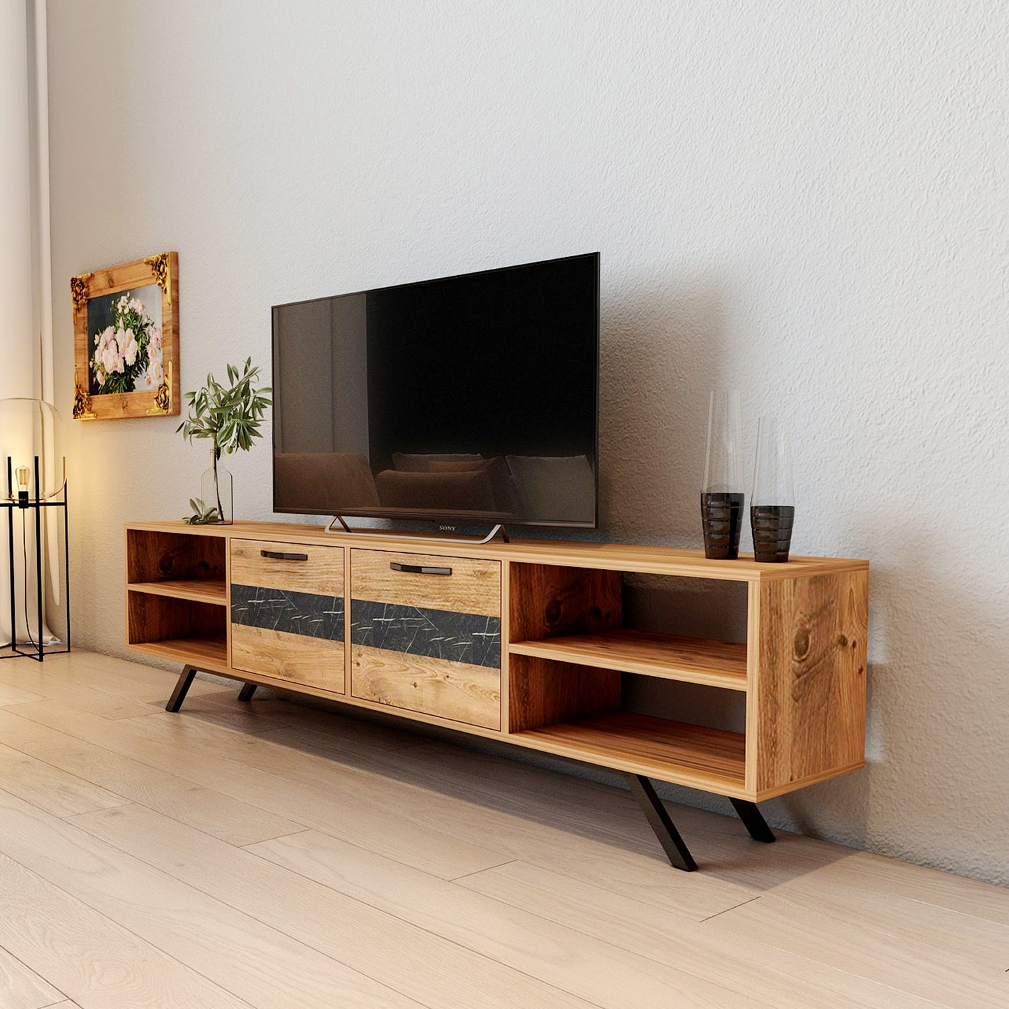 Akasya 2 Kapılı 4 Bölmeli 150 Cm Metal Ayaklı Tv Ünitesi