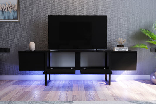 Metal Ayaklı LEDLİ 2 Kapaklı 180 cm Tv Sehpası - Siyah