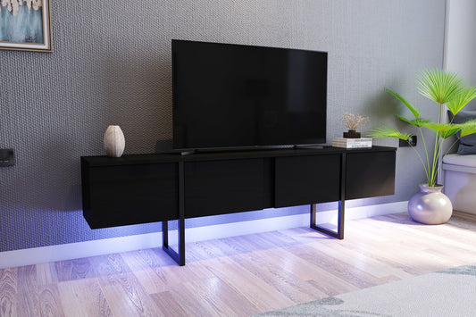 Metal Ayaklı LEDLİ 2 Kapaklı 180 cm Tv Sehpası - Siyah